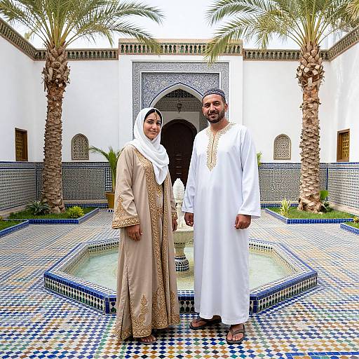 Photograph of a Middle Eastern couple in white and beige traditional attire standing in a colorful tile courtyard with palm trees and a decorative archway in the background