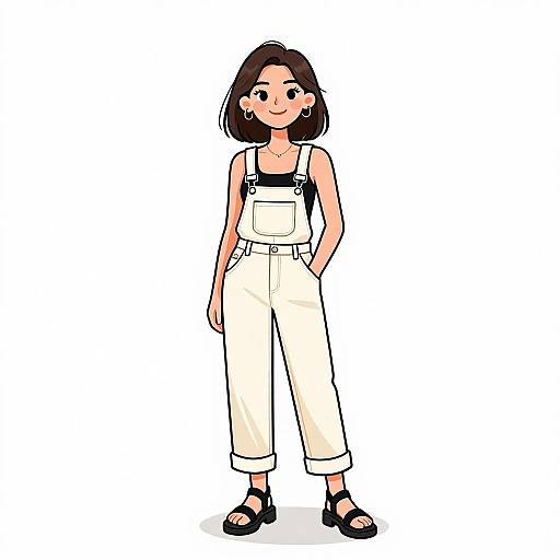 Cartoon-style digital illustration of a smiling Asian woman with short black hair, wearing white overalls, black tank top, and black sandals.