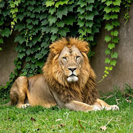 Photograph of a majestic lion with a golden-brown mane, lying on lush green grass, with dense, dark green ivy vines in the background