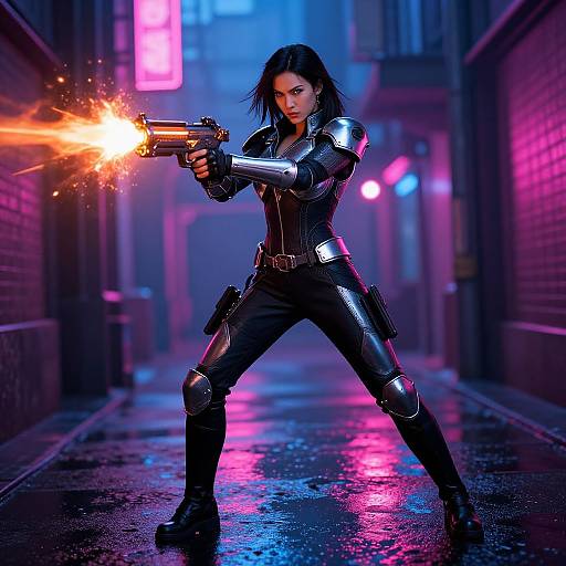 CGI image of a fierce, black-haired woman in shiny black armor, firing a glowing orange gun in a neon-lit, rain-soaked alley
