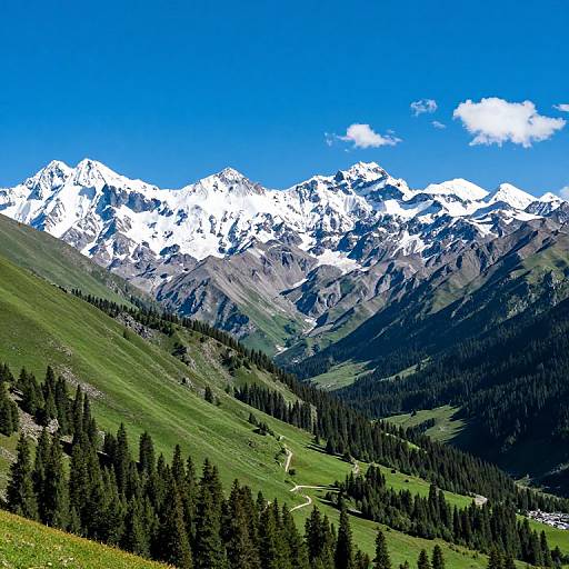 Photograph of a vibrant mountain landscape with snow-capped peaks under a clear blue sky, green rolling hills, and dense evergreen forests.