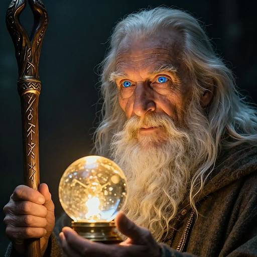 Photograph of an elderly wizard with a long white beard, blue eyes, and intense expression, holding a glowing glass orb and ornate staff in a