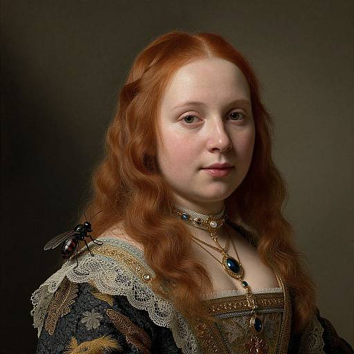 Photograph of a fair-skinned, red-haired woman in ornate, Renaissance-style clothing with lace, gold jewelry, and a dark, textured background