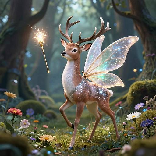 Fairy Deer with Glowing Wand in Enchanted Forest