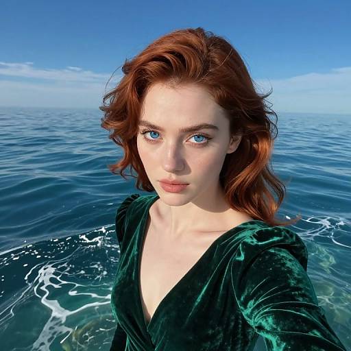 Photograph of a fair-skinned woman with striking blue eyes and red hair, wearing a green velvet V-neck top, standing in clear blue ocean water