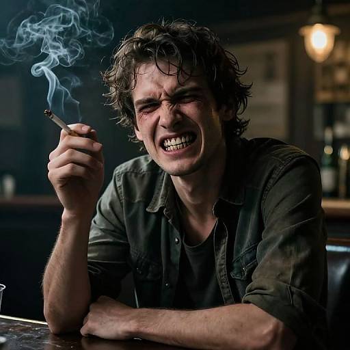 Grungy Character in Dimly Lit Bar