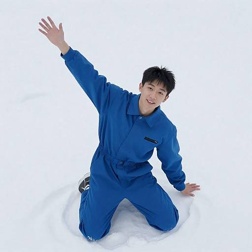 Aerial: Man in Blue Jumpsuit on Snow