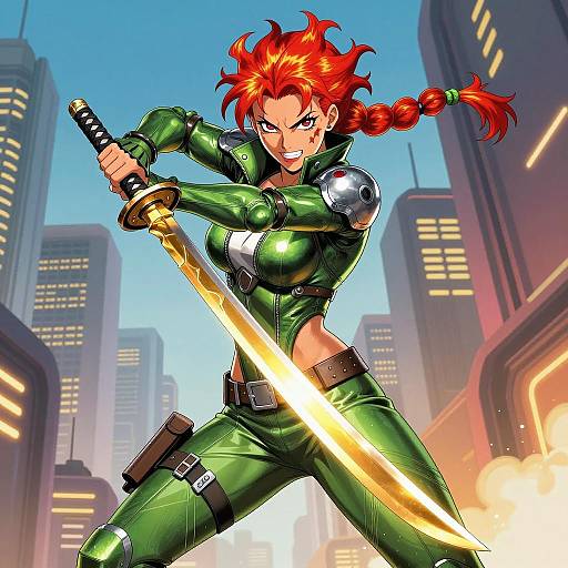 Fierce Female Warrior with Golden Katana