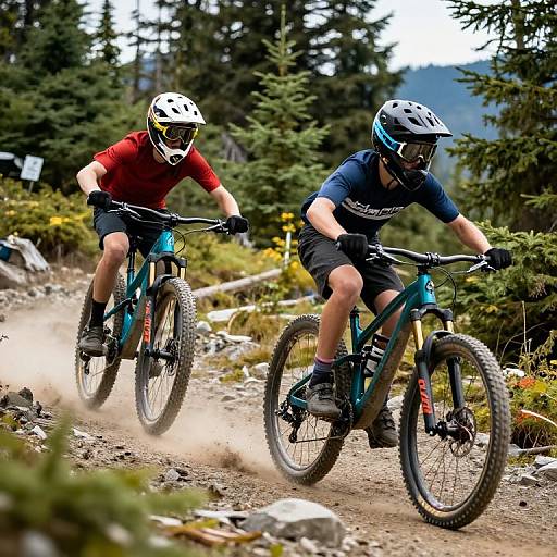Photograph of two male mountain bikers, one in red, one in blue, racing down a rocky trail with evergreen trees in the background.