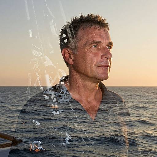 Photograph of middle-aged man with short, spiky gray hair, wearing striped shirt, gazing at sunset over ocean, with digital overlay of white