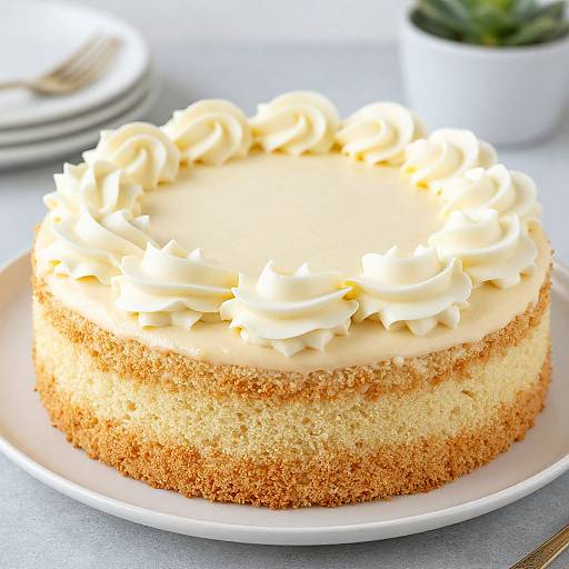 Photograph of a round, vanilla cake with a creamy, swirled frosting top, golden brown crumbly crust, on a white plate.