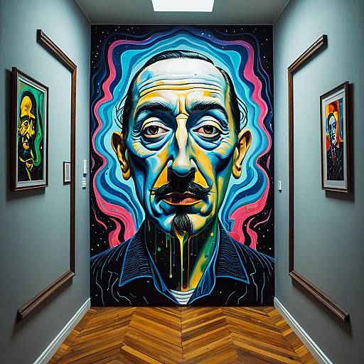 Surreal Neon Portrait in Art Gallery Hallway