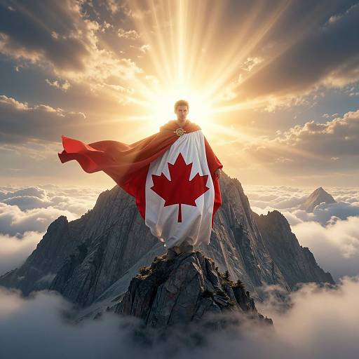 Photograph of a person with a red and white Canadian flag standing on a mountain peak, sun rays emerging from behind, with clouds and other mountains in