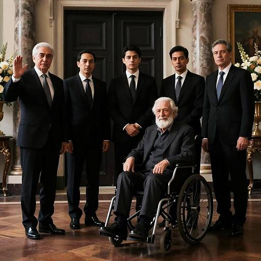 Elderly Man Surrounded by Formal Associates