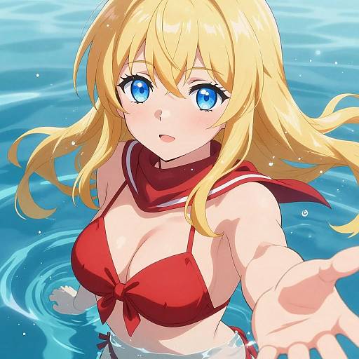 Anime Girl in Blue Water Selfie