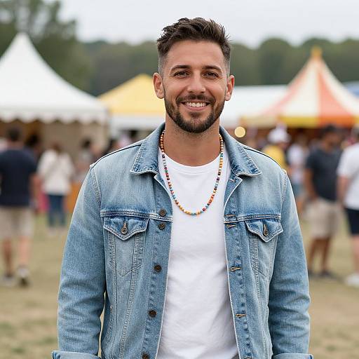 Photograph of a smiling, bearded man with short dark hair, wearing a denim jacket, white t-shirt, and beaded necklace, standing at