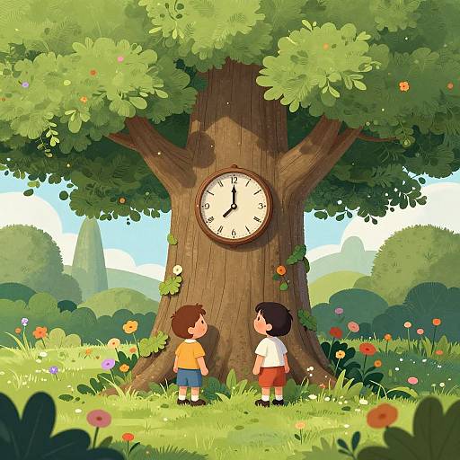 Digital illustration of two children standing in a colorful, sunlit meadow with a large tree bearing a clock, surrounded by flowers.