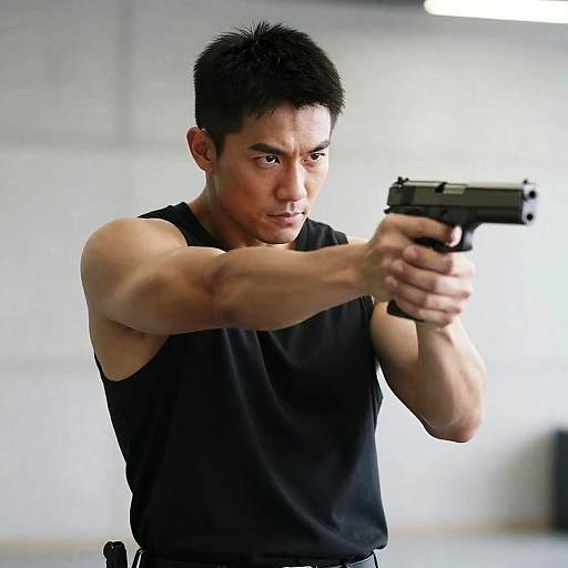 Focused Asian Man Aiming Handgun