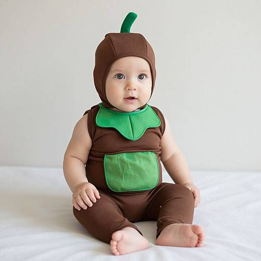 Photograph of a chubby, fair-skinned baby with blue eyes, wearing a brown and green superhero-themed onesie, sitting against a plain white background
