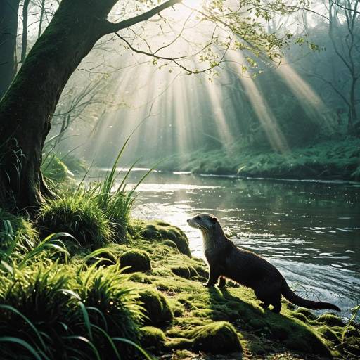 Otter on Mossy Riverbank in Sunlight