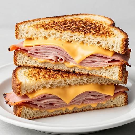 Photograph of a double-layered sandwich with toasted bread, melted orange cheddar cheese, and layers of pink deli ham on a white plate.