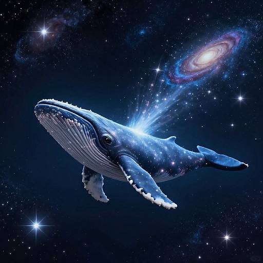 Digital artwork of a glowing blue whale with star-like patterns on its body, floating in a starry, cosmic space with a glowing spiral galaxy in the