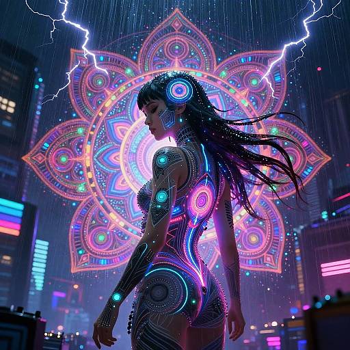 Psychedelic Cyberpunk Girl in Neon Rain