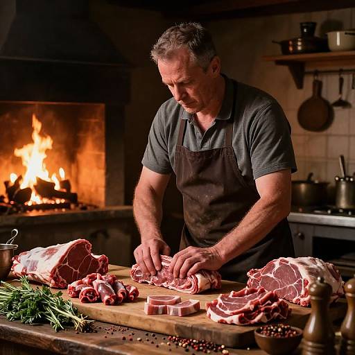 Butchers Preparing Feast in Rustic Kitchen