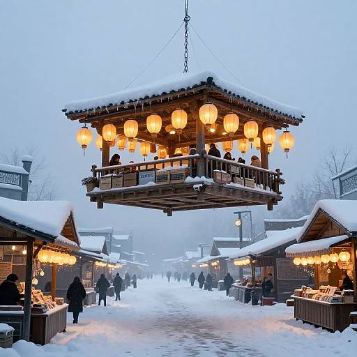 Photograph of a snowy outdoor market at dusk, featuring a suspended lantern-lit wooden pavilion, warm glowing lights, snow-covered stalls, and people