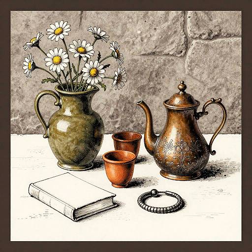 Decorative Still Life Pen and Ink Drawing