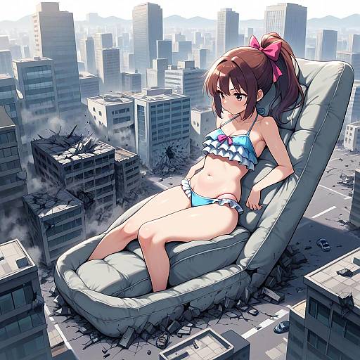 Anime Girl in Bikini Reclining on Giant Chair in Destroyed City