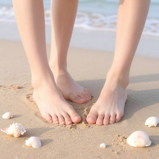 Photograph of pale-skinned feet standing on sandy beach, with three white seashells scattered around near gentle ocean waves.