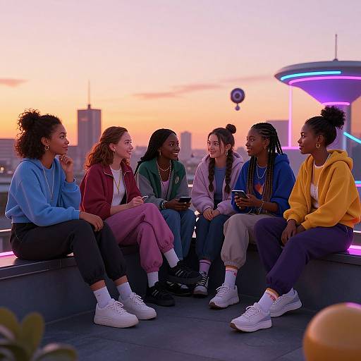 Photograph of six diverse young women with curly and braided hair, sitting on a rooftop at sunset, laughing and chatting, wearing colorful hoodies and