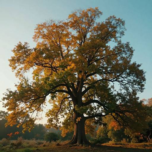 Photograph of a large, mature oak tree with golden autumn leaves, set against a clear blue sky at sunset, casting warm light.
