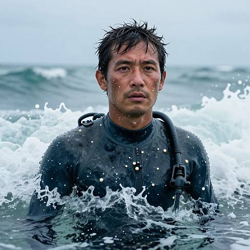 Photograph of a wet, muscular Asian man with short, dark, damp hair, wearing a black wetsuit, standing in ocean waves, looking