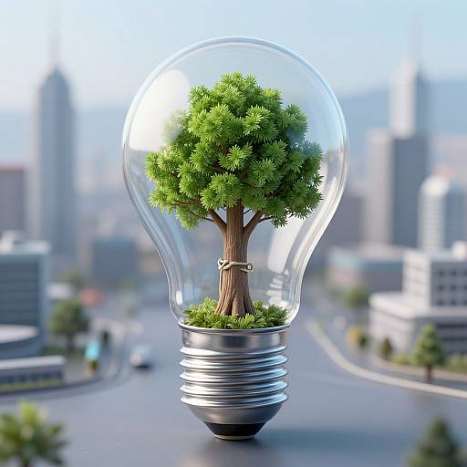 Photorealistic image of a small, green bonsai tree inside a clear light bulb, set against a blurred cityscape background.