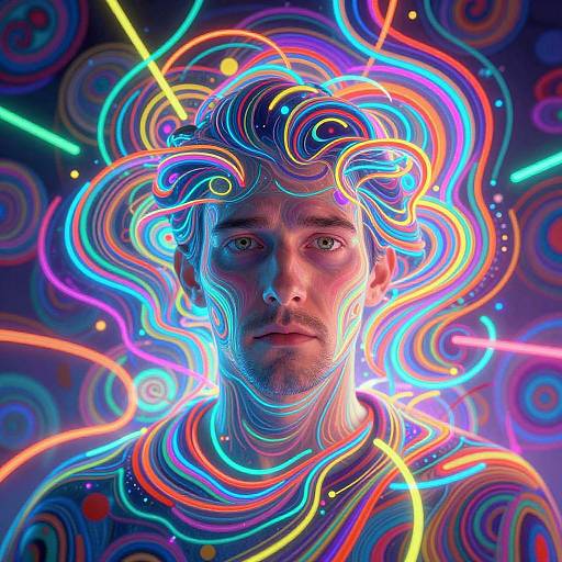 Photorealistic digital artwork of a serious-faced man with neon rainbow swirling lines around his head and shoulders, set against a dark, starry background.