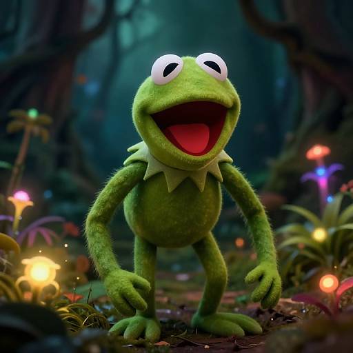 CGI image of Kermit the Frog from The Muppets, standing in a dark, enchanted forest with colorful glowing mushrooms. Kermit has a