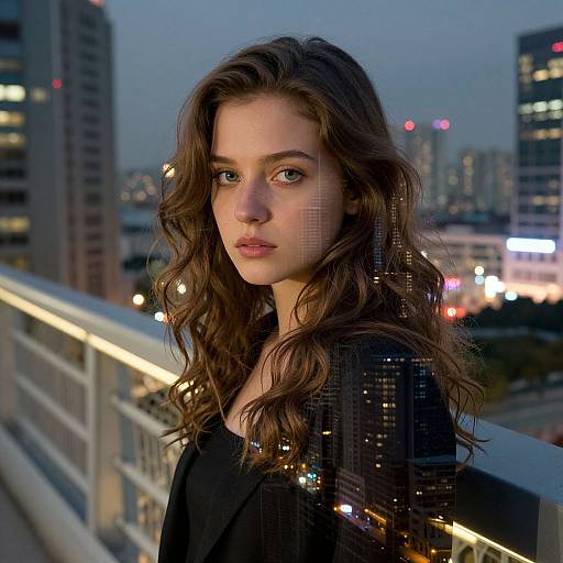 Photograph of a young woman with wavy brown hair, wearing a black top, standing on a balcony at dusk, city lights in the background,