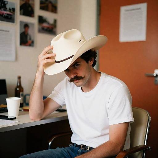 Intense Man with Mustache in Cluttered Setting