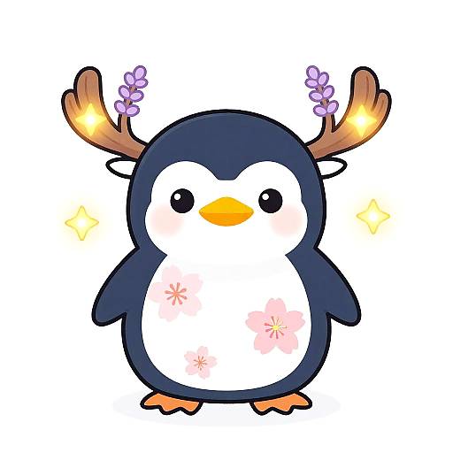 Kawaii Penguin with Antlers and Cherry Blossoms