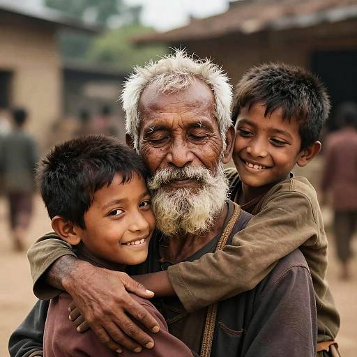Elderly Man Hugging Two Smiling Boys Outdoors