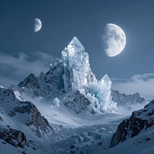 Photograph of a glowing, icy mountain peak under a bright full moon and a smaller crescent moon in a clear, blue night sky. Snow-covered