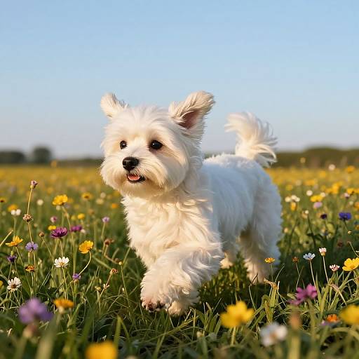 Photograph of a fluffy white puppy with small black eyes and pink tongue, standing in a colorful meadow of wildflowers under a clear blue sky.