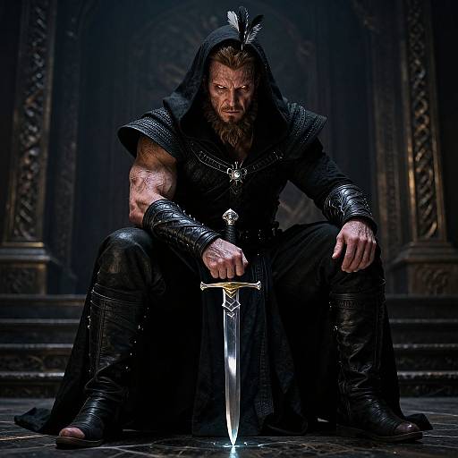 Muscular bearded man with dark armor and hood, holding a sword, sits in a dimly lit, ornate, medieval-style room.
