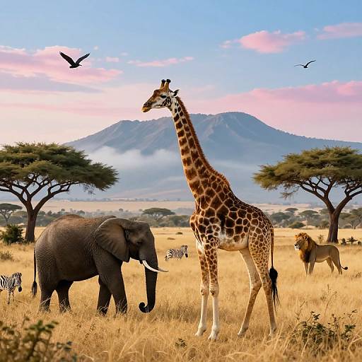 Photograph of a savanna with a tall giraffe, an elephant, a lion, zebras, and birds, set against a mountainous backdrop