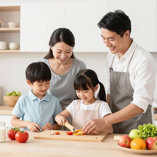 Photograph of an Asian family in a bright kitchen, smiling and chopping vegetables on a wooden cutting board together.