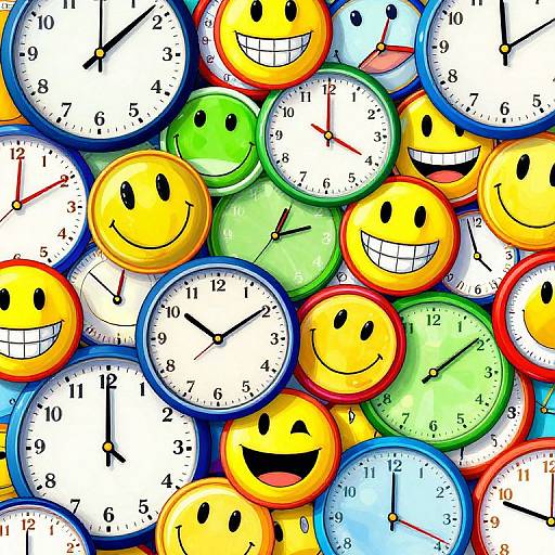 Photograph of a colorful, overlapping collection of smiley-face clocks, each with different times and bright yellow, green, blue, and red frames.