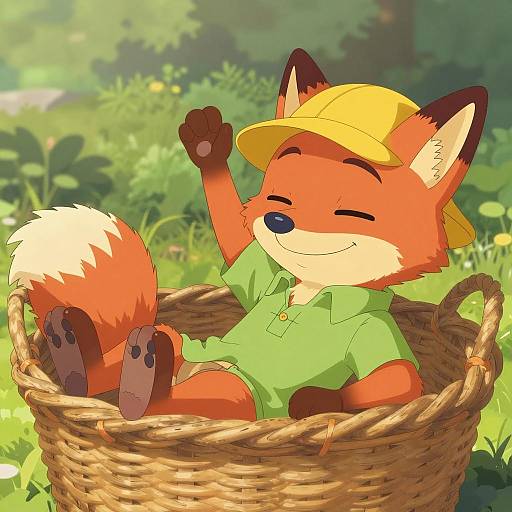Charming Cartoon Fox in Wicker Basket