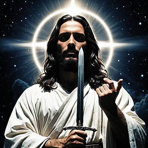 Jesus with Sword and Halo in Cosmic Background